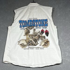 USA Biker Design Shirt Mens Size Large White Tombstone Cycles Denim Cutoff Shirt